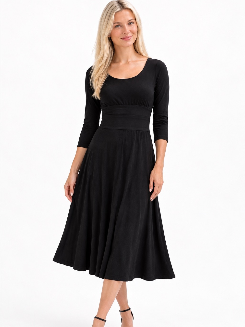 Three Dots Women's Black Sash Midi Dress Tie-Back Fit And Flare Size Small